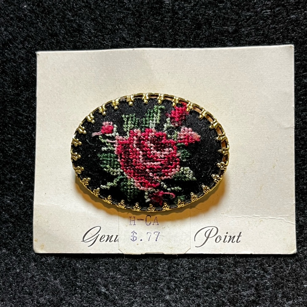 Elegant Rose Embroidered Brooch with Gold Trim